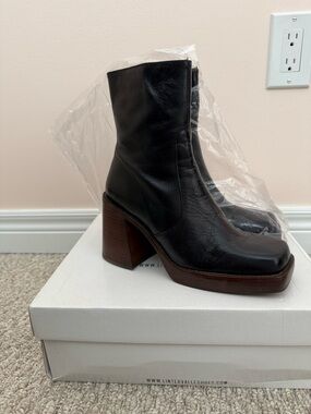 L'INTERVALLE Black Leather Platform Block Heel Ankle Boots